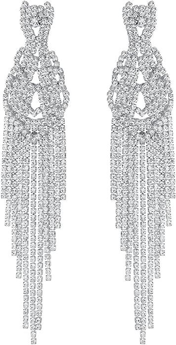 mecresh Silver Rhinestone Crystal Bridal Chandelier Long Tassels Dangle Earrings for Wedding | Amazon (US)