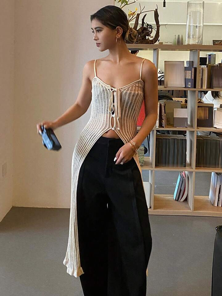 DAZY Solid Color Long Knitted Tank Top With Hollow Out Front And Side Slits, And Strap Detail Sum... | SHEIN