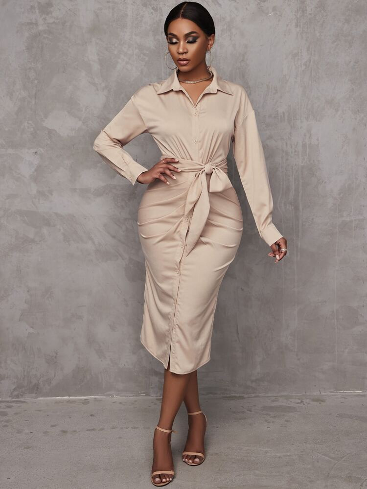 SHEIN SXY Drop Shoulder Belted Shirt Dress | SHEIN