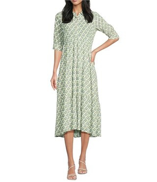 Floral Print Woven Button Front Point Collar 3/4 Sleeve Tiered Midi Shirt Dress | Dillard's