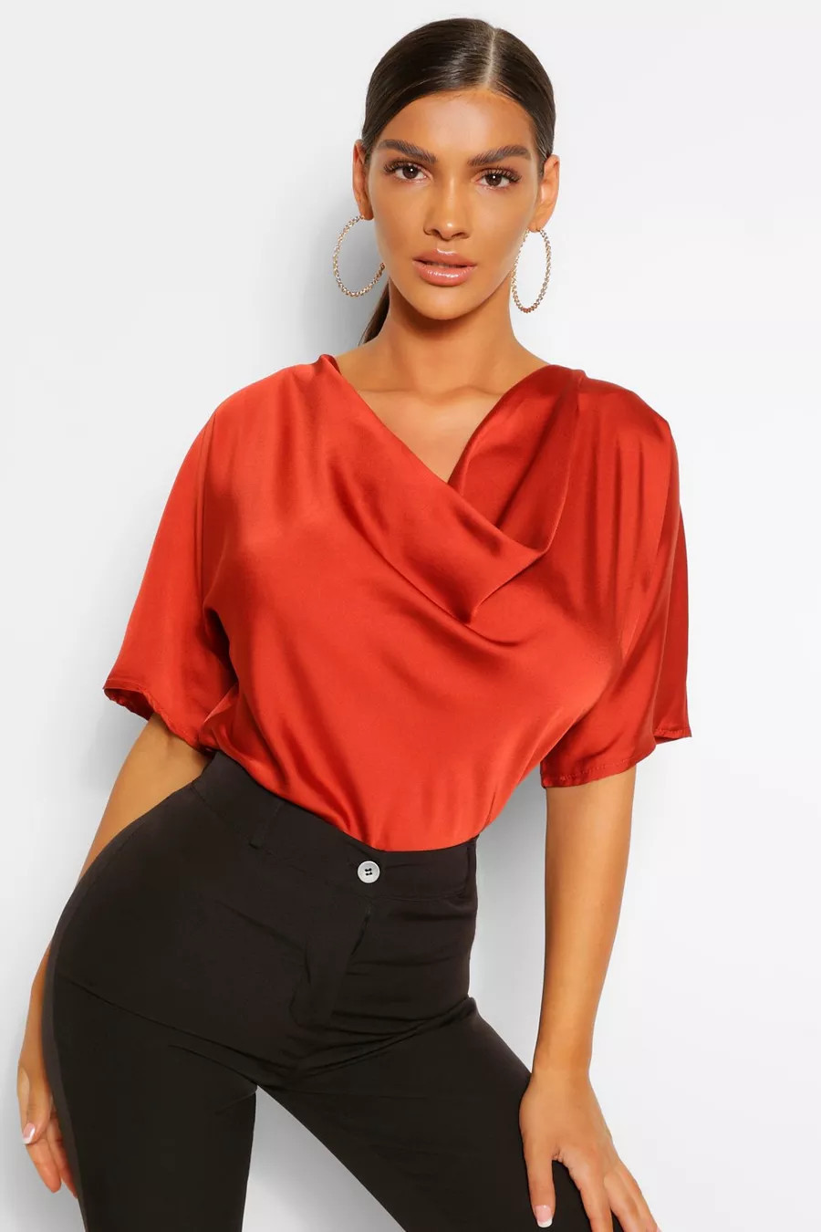 Satin Cowl Neck Short Sleeve Blouse | Boohoo.com (US & CA)