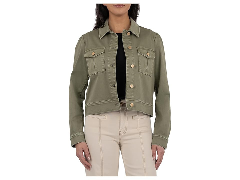 KUT from the Kloth Jocelyn Trucker Jacket With Pockets Women's Coat Sage : XS, Cotton/Denim/Down | Zappos