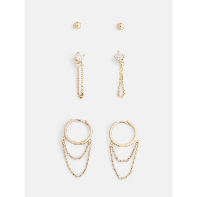 Free Assembly Women's 14K Gold Plated Cubic Zirconia Stud and Hoop Earrings Set, 3-Pair | Walmart (US)