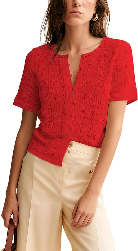 Bianstore Womens Casual Short Sleeve Crochet Knit Cardigans Lightweight Button Down Hollow Out Sw... | Amazon (US)