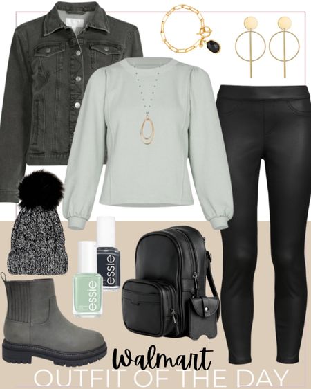 Walmart outfit inspiration includes black backpack purse, black faux leather leggings, mint bubble shoulder sweatshirt, black jean jacket, knit beanie, grey lug boots, Essie nail polish, gold earrings, gold bracelet, and gold necklace. 

Outfit inspiration, fall fit, winter fit, Walmart fashion, Walmart outfit, affordable fashion

#LTKfit #LTKstyletip #LTKunder100