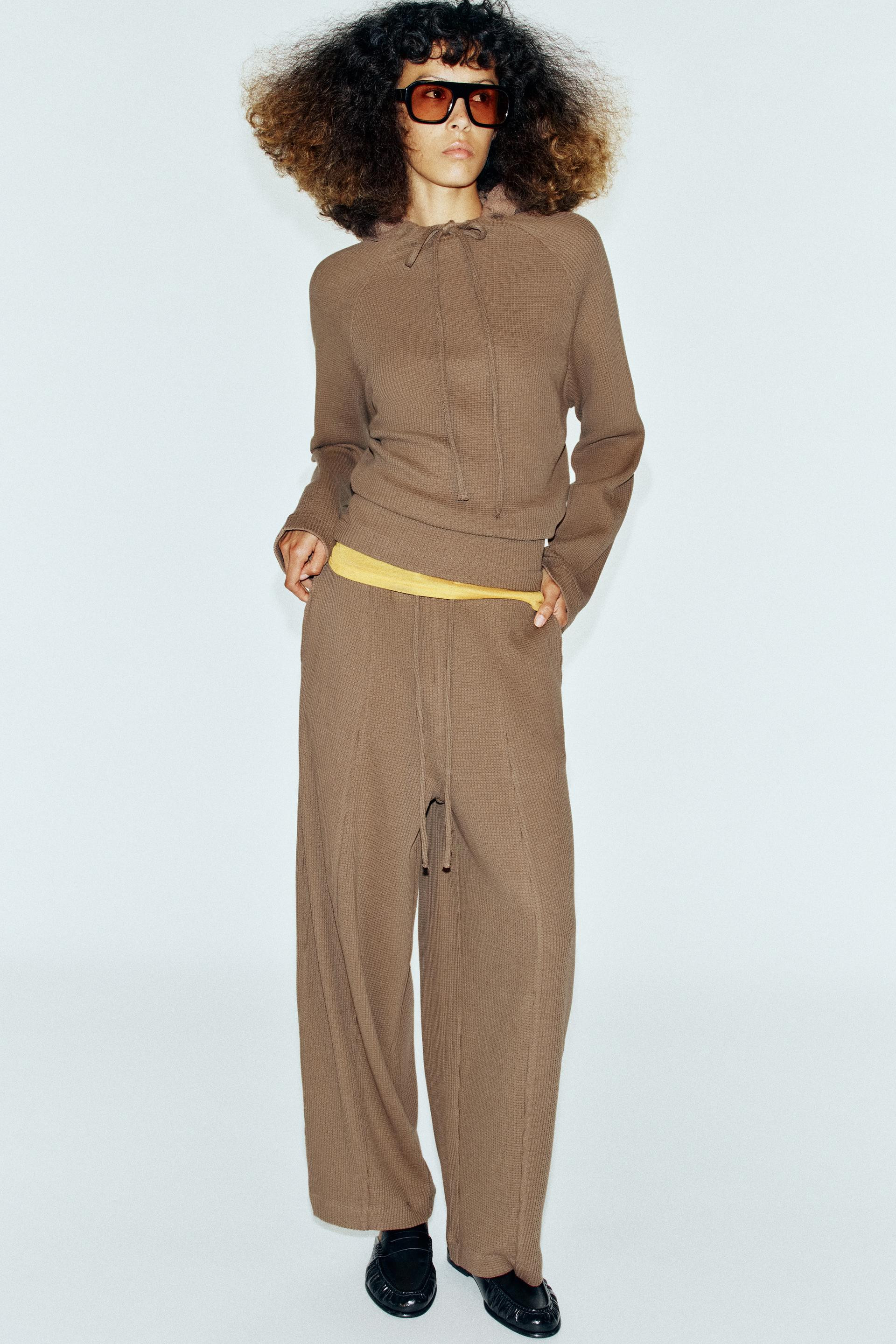 Zara - Wide-Leg Waffle Pants - Brown / Taupe - S - Woman | Zara US