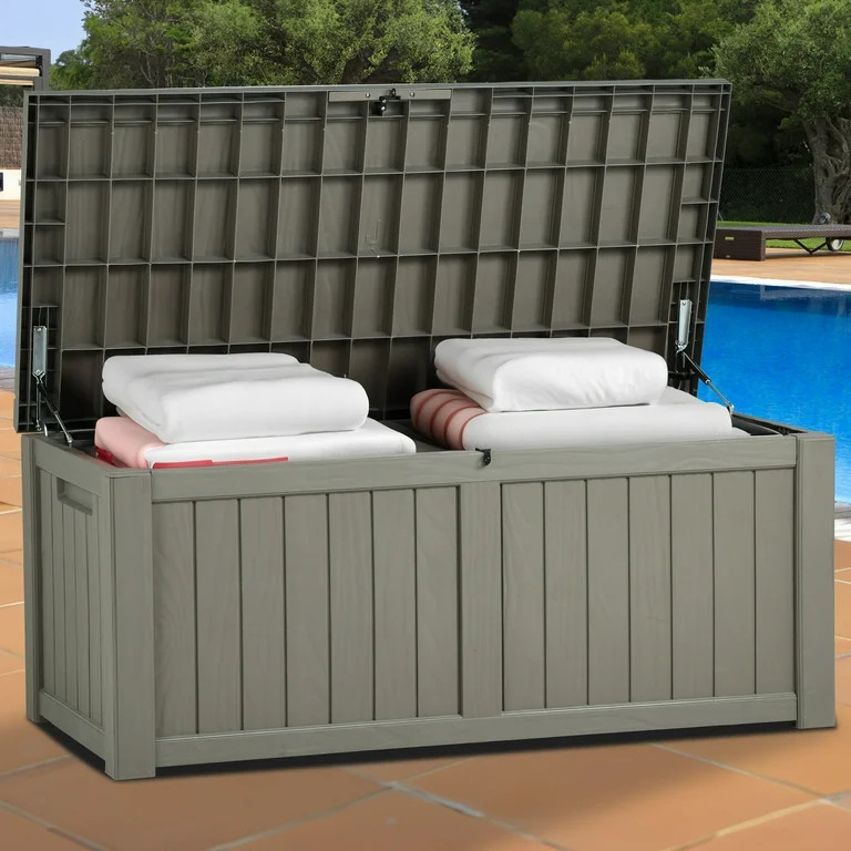 Dextrus 120 Gallon Outdoor Patio Deck Box,Large Weatherproof Resin Storage Box, Light Brown | Walmart (US)