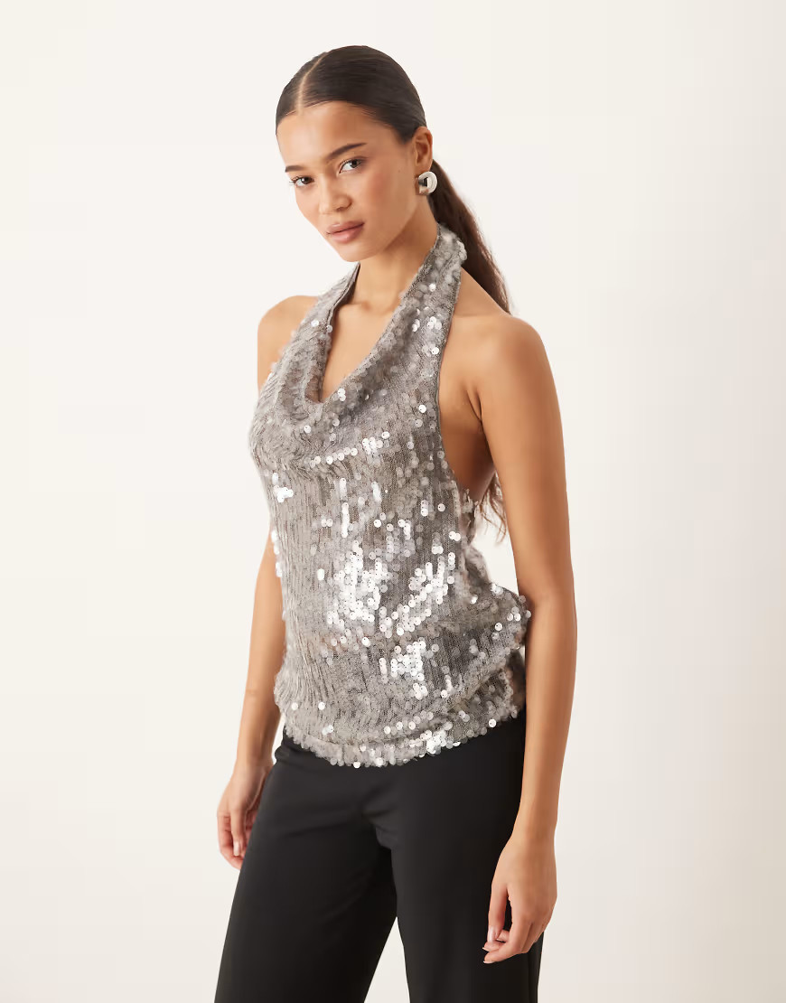 Mango sequin halterneck top in silver | ASOS (Global)