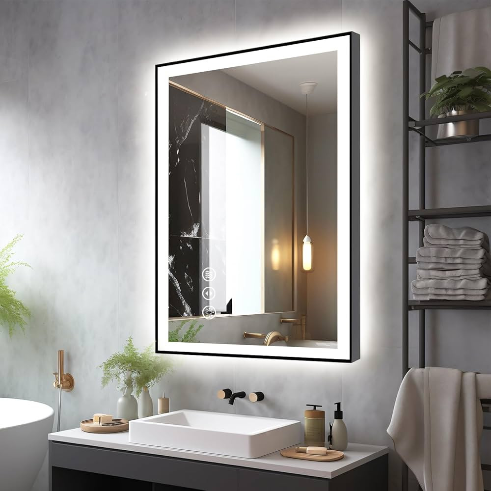 24x32 LED Bathroom Mirrors for Wall -Black Aluminum Framed (Front and Backlit), Anti-Fog Vanity M... | Amazon (US)