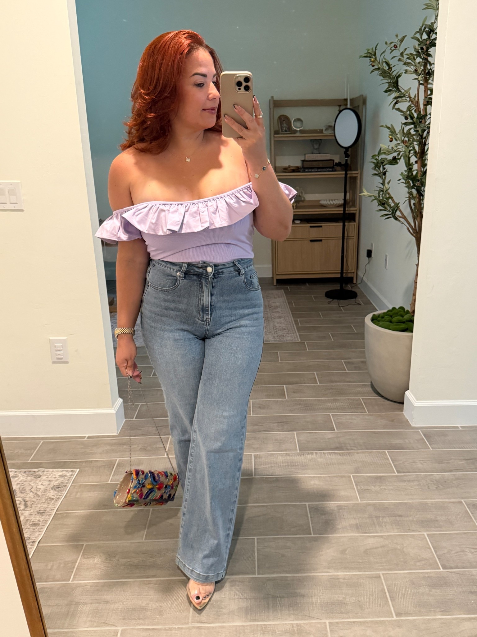 Perfect date night outfit . Jeans , clear heels , colorful
Summer bag and ruffle
Top 

#LTKMidsize #LTKFindsUnder50 #LTKSummerEdit