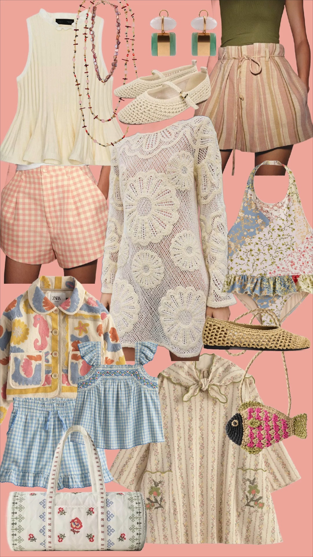 ZARA SUMMER FINDS 🌸🤍 (the prettiest mix of texture, stripes & heirloom-inspired pieces)

If you love a soft, feminine, grandmillennial moment… this Zara drop is so good. Think delicate crochet, vintage-inspired florals, and the sweetest little sets for summer days, beach trips, and everything in between. Saving every single piece 🤍✨

Shop all my Zara favorites below ↓

PRODUCT DETAILS:
• Cream pleated sleeveless blouse
• Pink gingham tailored shorts
• Crochet floral long sleeve mini dress (statement piece 🤍)
• Striped linen tie-waist shorts
• Green fitted tank top
• Geometric statement earrings (green + gold)
• Woven mesh ballet flats
• Crochet Mary Jane flats (neutral)
• Embroidered hooded jacket with floral detailing
• Multicolor patchwork jacket with contrast trim
• Blue gingham smocked romper
• Crochet fish crossbody bag
• Quilted floral weekender / duffle bag
• Striped bikini set (top + high-waisted bottoms)
• Patchwork floral one-piece swimsuit

Everything feels like a modern take on vintage—perfect for that effortless, collected-over-time look 🌿

#LTKStyle #LTKFinds #LTKSeasonal #ZaraFinds #ZaraSummer #GrandmillennialStyle #CoastalStyle #FeminineStyle #ClassicStyle #SummerOutfits #BeachStyle #ResortWear #VintageInspired #ChicStyle #MomStyle #EffortlessStyle #NeutralStyle #SoftAesthetic #CapsuleWardrobe #SummerWardrobe@Zara 