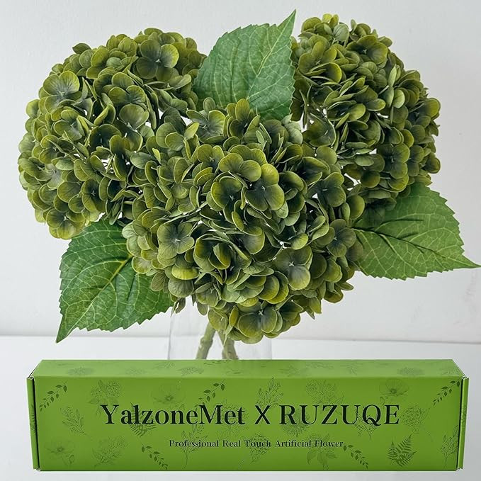 YalzoneMet 3 PCS Vintage Dark Green Hydrangea Artificial Flowers 21 inches Real Touch Faux Latex ... | Amazon (US)