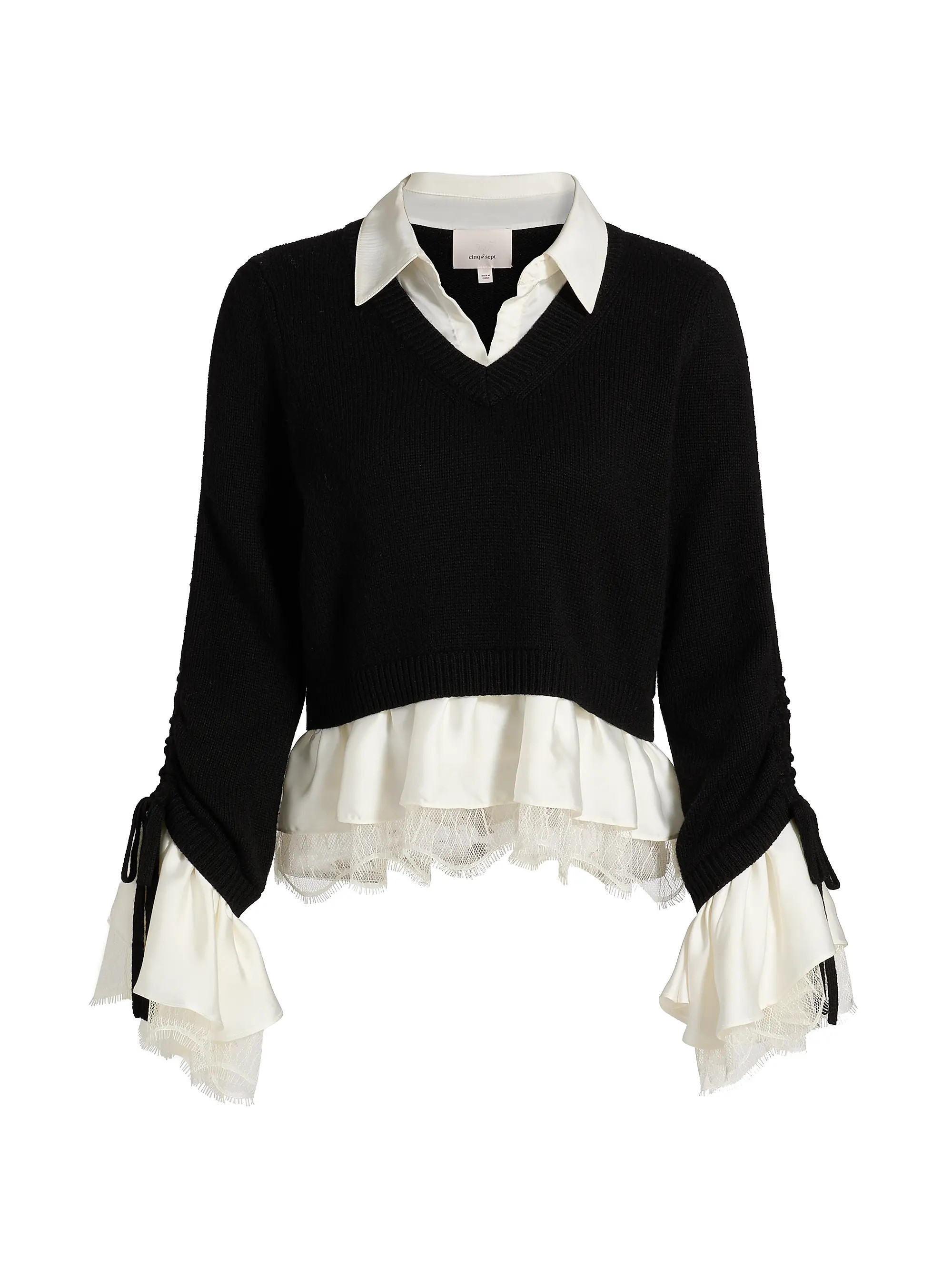 Cinq à Sept Milla Ruffled V-Neck Combo Sweater | Saks Fifth Avenue | Saks Fifth Avenue