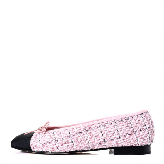 Tweed Grosgrain Cap Toe Ballerina Flats 38.5 Pink Black | FASHIONPHILE (US)