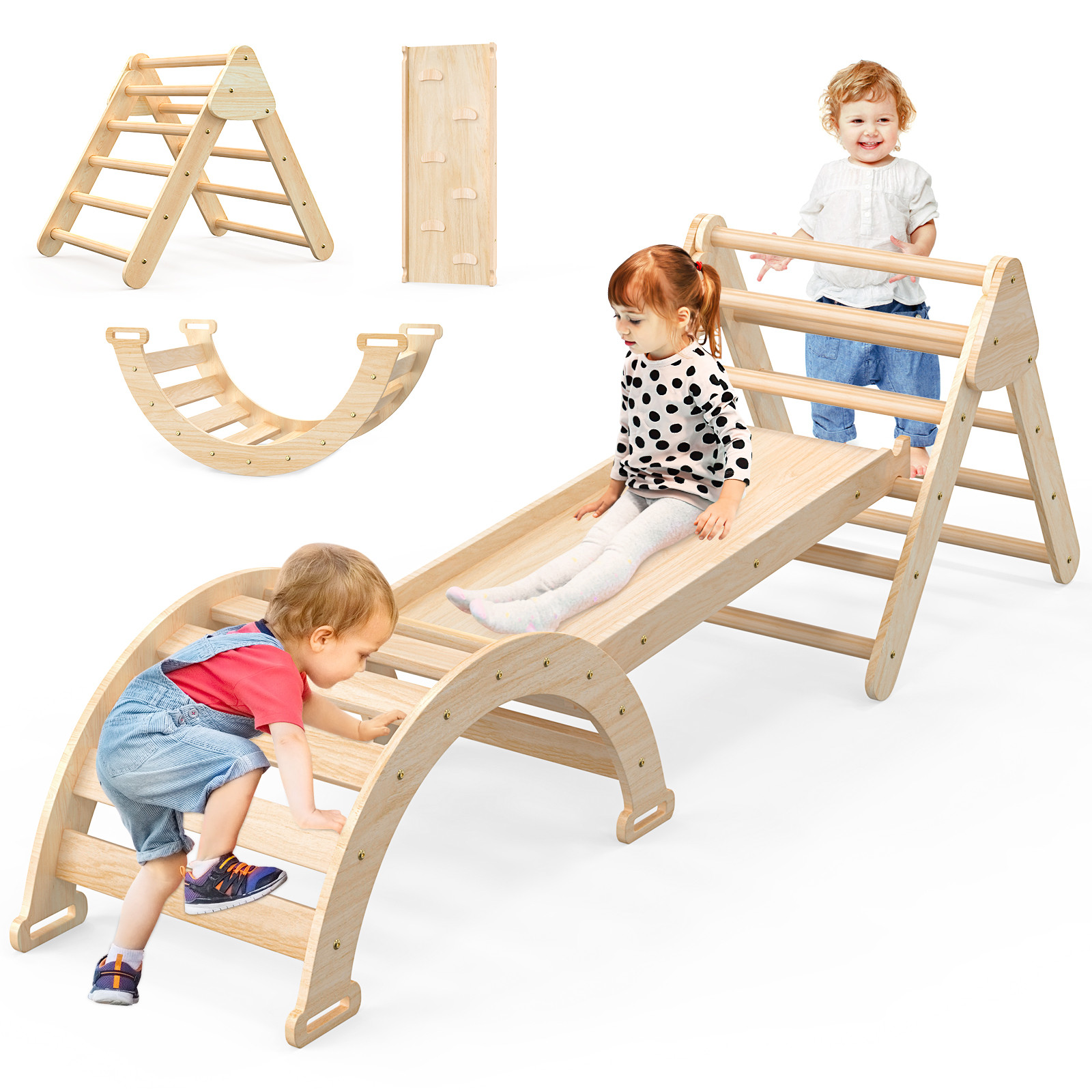 GIKPAL 7-in-1 Climber Set, Foldable Wooden Pikler Triangle with Play Arch, Slide, Ladder, and Ram... | Walmart (US)