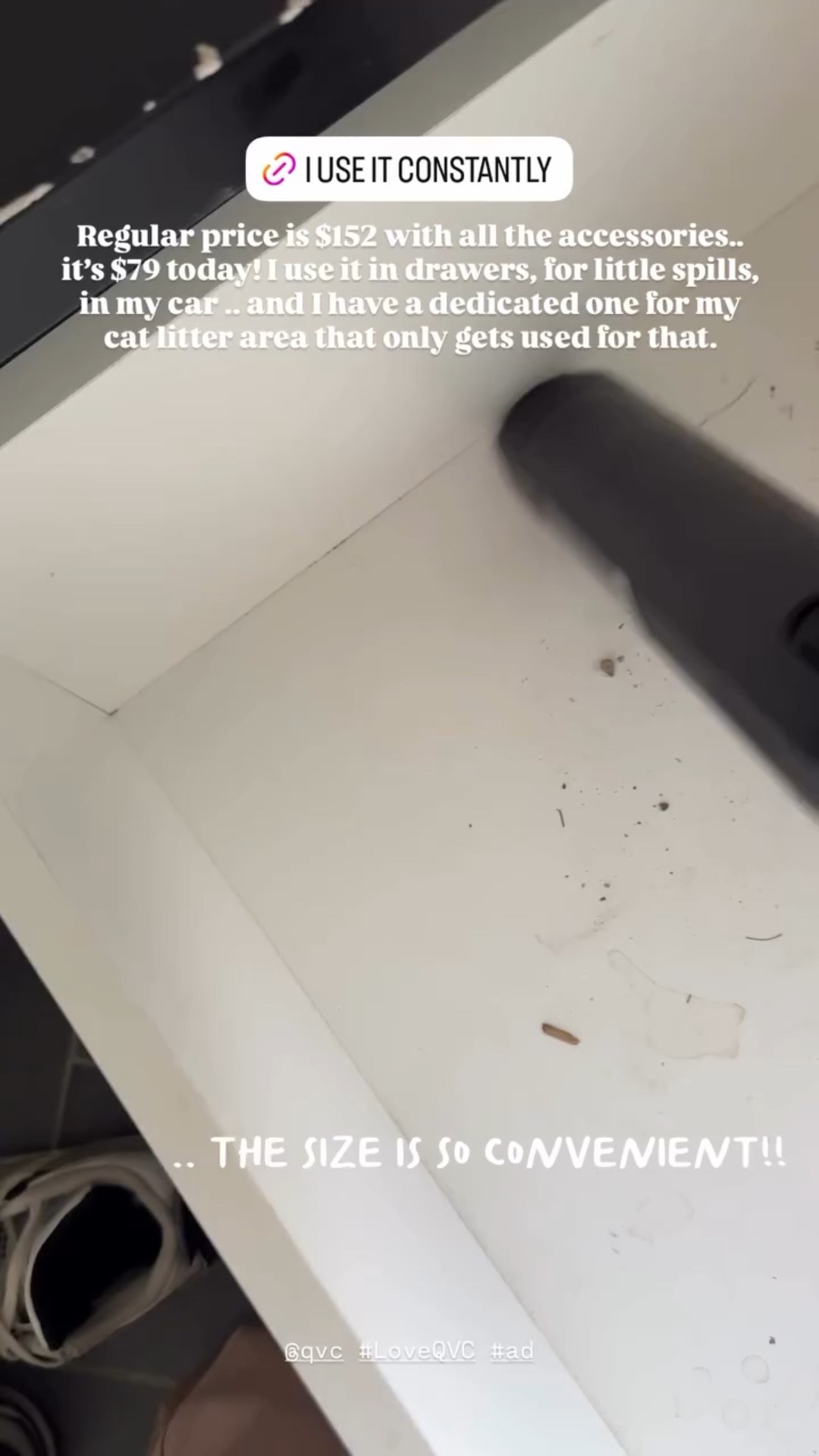 Regular price is $152 with all the accessories.. it’s $79 today! I use it in drawers, for little spills, in my car .. and I have a dedicated one for my cat litter area that only gets used for that. @qvc #LoveQVC #ad  