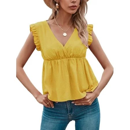 MAWCLOS Women's Summer Ruffle Hem Peplum Tank Tops Loose Casual Pleated Sleeveless Shirts V Neck Blo | Walmart (US)