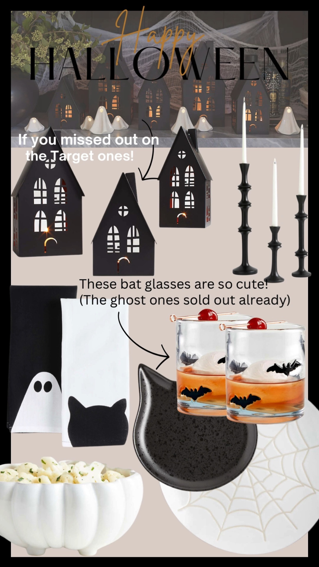 I can’t with these little ghosts for your haunted village or these super cute bat glasses! Get any Halloween stuff you like now because it’s all selling out so fast! 

Halloween bar cart, Spooky village, Halloween table scape, Halloween plates

#spookyvillage

#LTKFind #LTKSeasonal #LTKhome