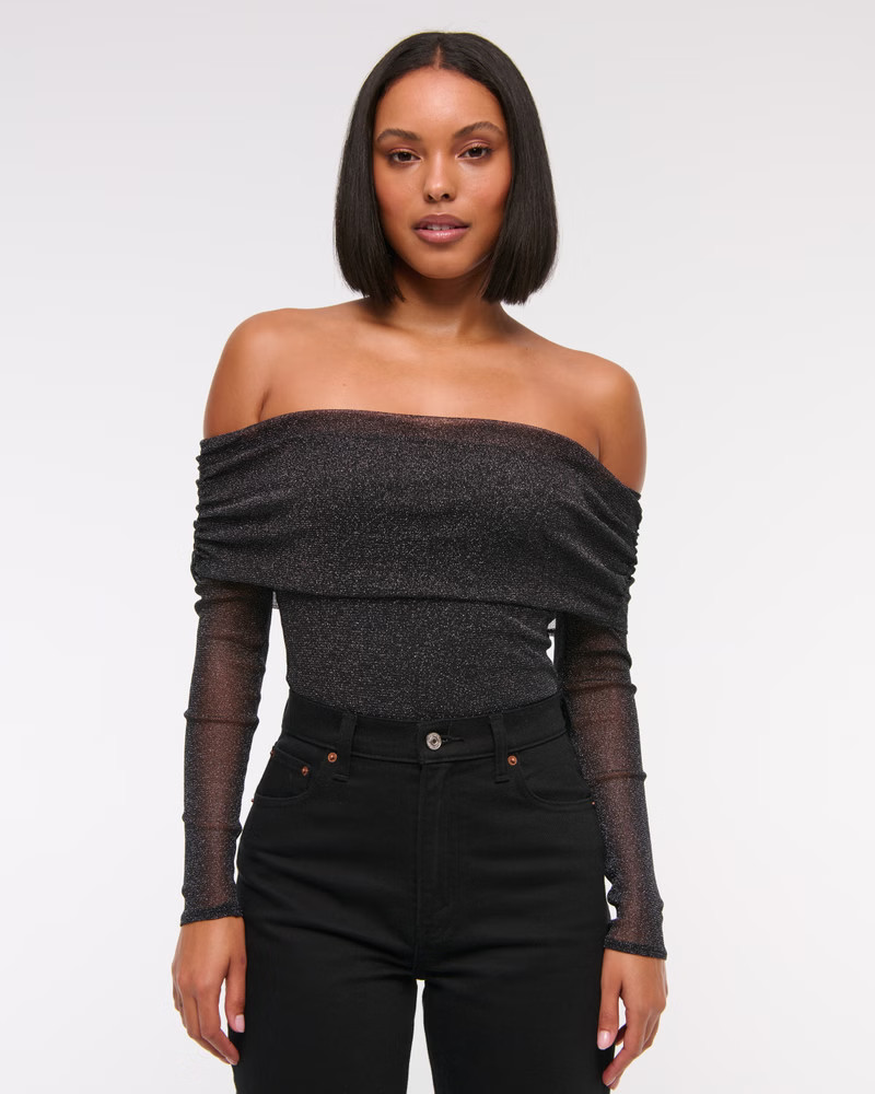 Long-Sleeve Off-The-Shoulder Mesh Bodysuit | Abercrombie & Fitch (US)