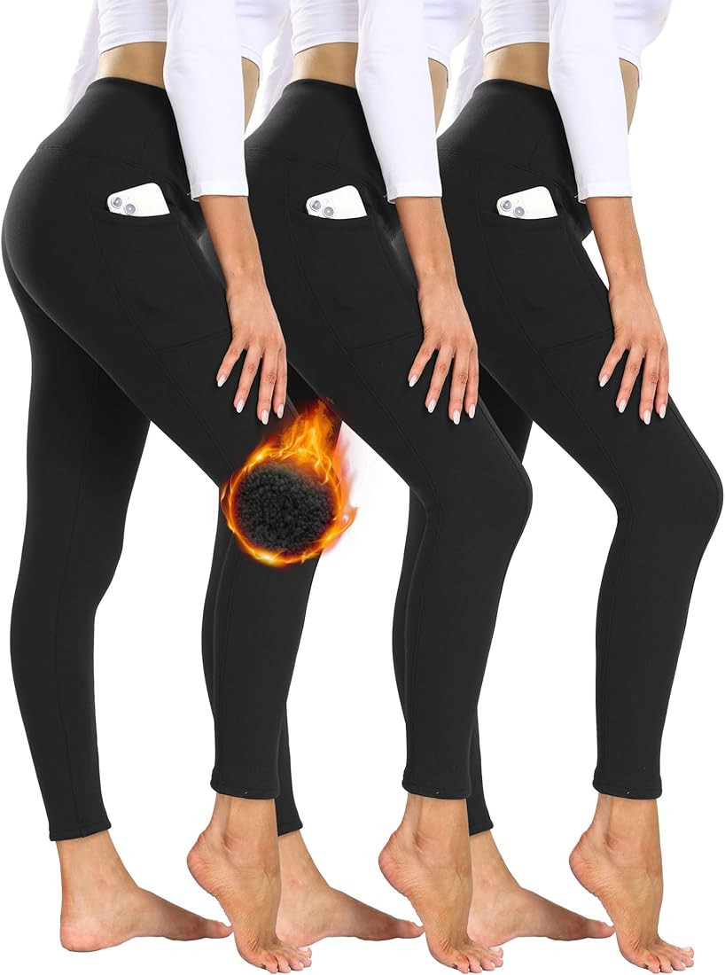 3 Pack Fleece Lined Leggings Women with Pockets - High Waisted Plus Size Winter Thermal Yoga Pant... | Amazon (US)