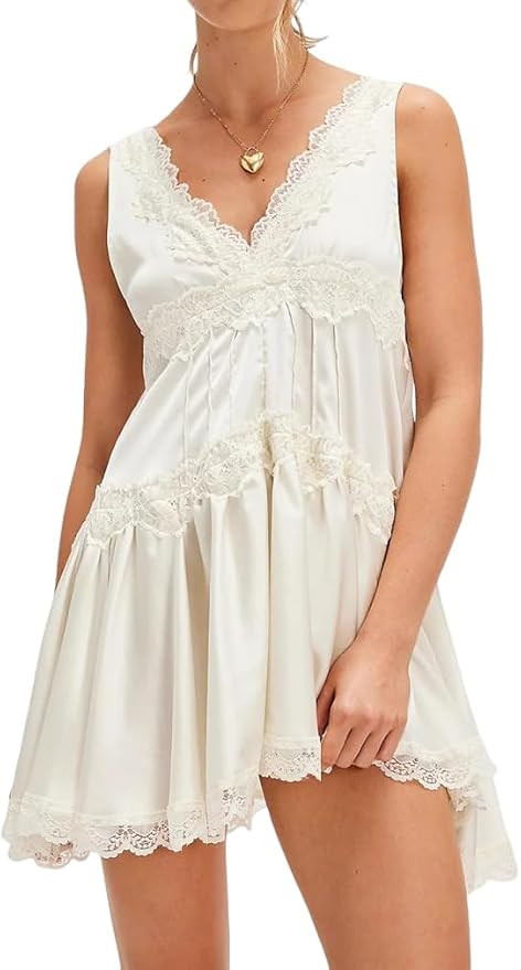 Women's Satin Lace Slip Mini Dress Y2k Summer Ruffle Hem Silk Flowy Swing Going Out Boho Streetwe... | Amazon (US)