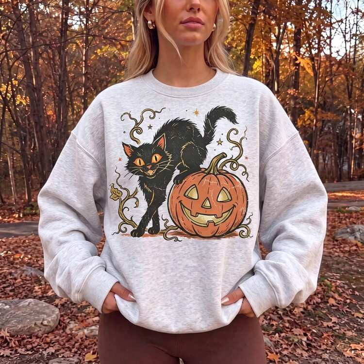 New Vintage Halloween Mockneck Sweatshirt Black Cat Pumpkin Crew Retro Mock Neck Sweater Fall Spo... | SHEIN