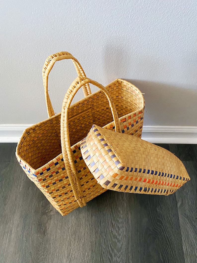 Vintage Handmade Woven Straw Wicker Rattan Lidded Market Bag Basket Tote - Etsy | Etsy (US)