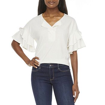 Worthington Womens Split Crew Neck Ruffle Sleeve T-Shirt | JCPenney