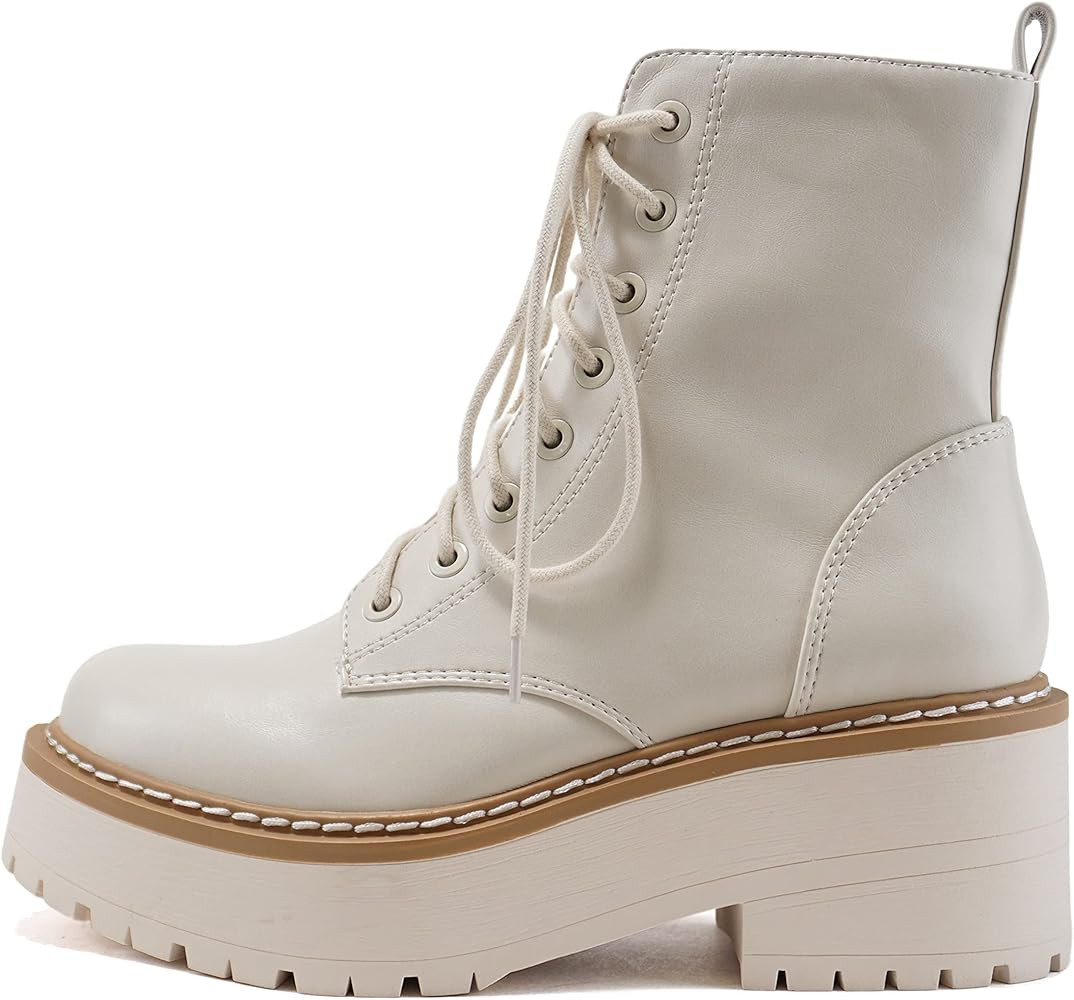Soda FLING Women Chunky Lug Sole Lace up Fashion Combat Ankle Boot w/Side Zipper | Amazon (US)
