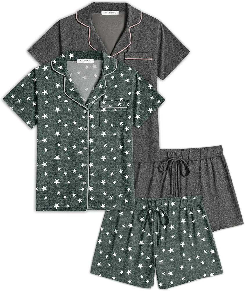 Ekouaer 2 Pack Womens Pajamas Set Button Down Summer Sleepwear Short Sleeve Comfy Pjs Loungewear ... | Amazon (US)