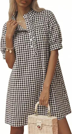BLENCOT Womens Button Down Shirt Dresses Casual Striped Cotton Stand Collar Ruffle Puff Sleeve Su... | Amazon (US)