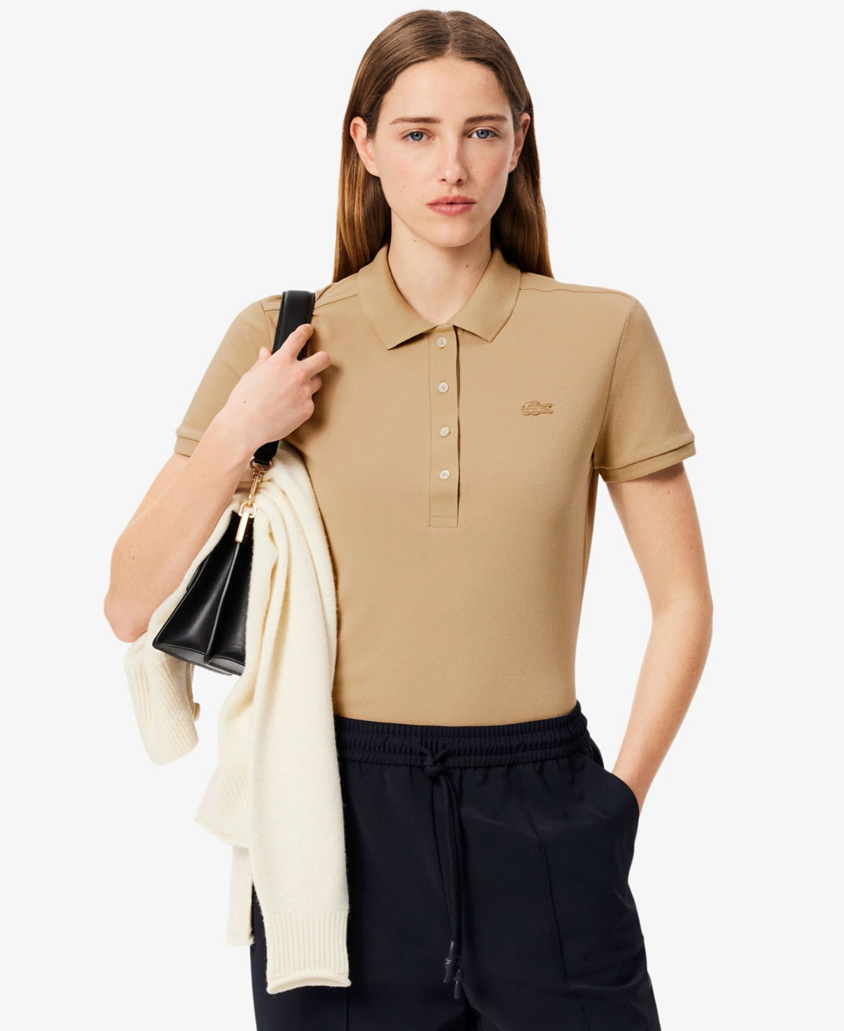Lacoste Usa Women's Short Sleeves Slim-Fit Polo Top - Dark Beige | Macy's
