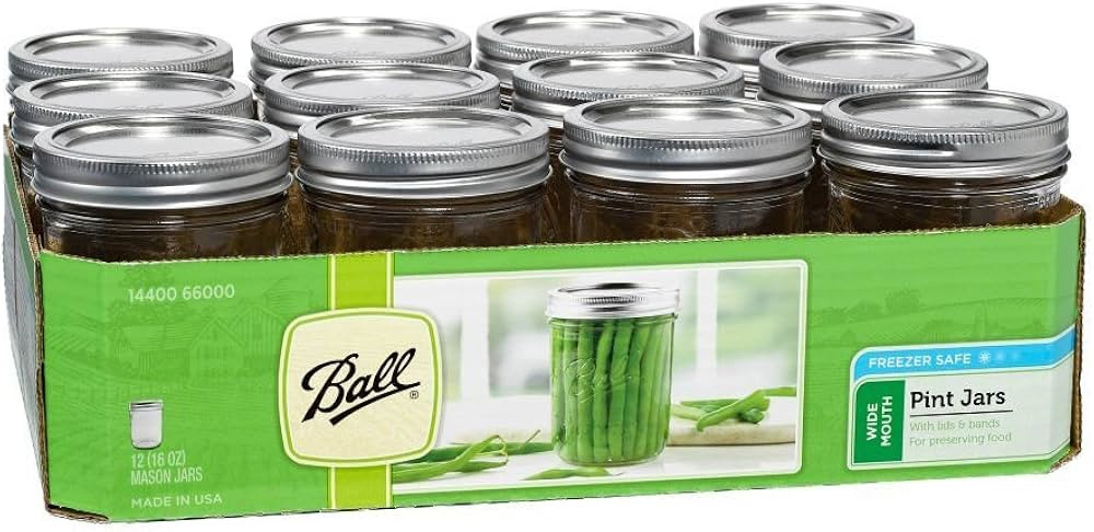 Ball Wide Mouth Pint 16-Ounce Glass Mason Jar with Lids and Bands, 12-Count, 12-Pack, Clear | Amazon (US)