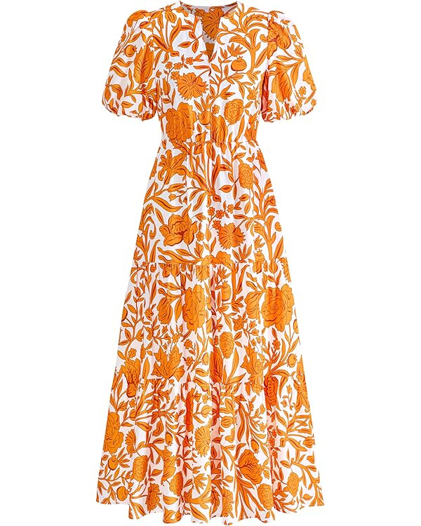 dowerme Womens Summer Dresses 2025 Casual Puff Short Sleeve V Neck Floral Boho Tiered Ruffle Maxi... | Amazon (US)