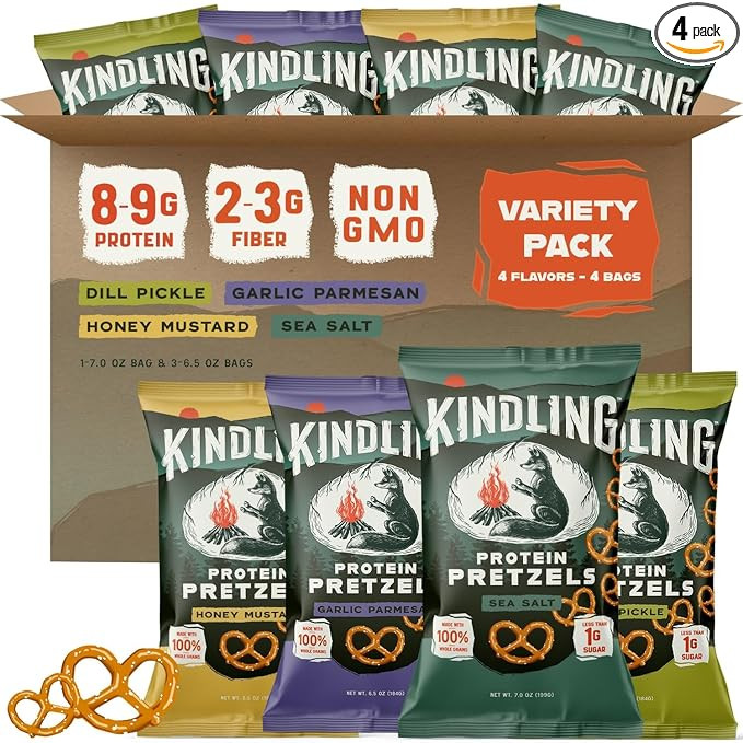 Kindling Protein Pretzels Variety Pack - Sea Salt (1), Dill Pickle (1), Honey Mustard (1), Garlic... | Amazon (US)
