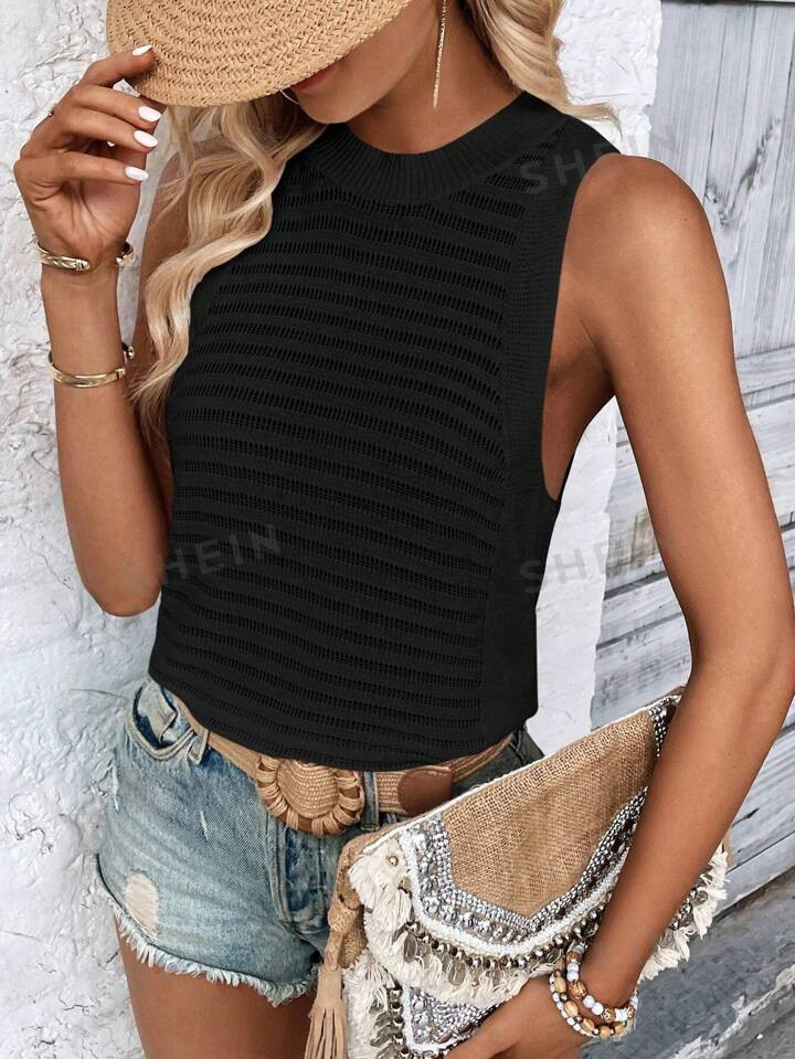 SHEIN LUNE Women's Solid Color Sleeveless Casual Sweater Vest With Round Neck | SHEIN