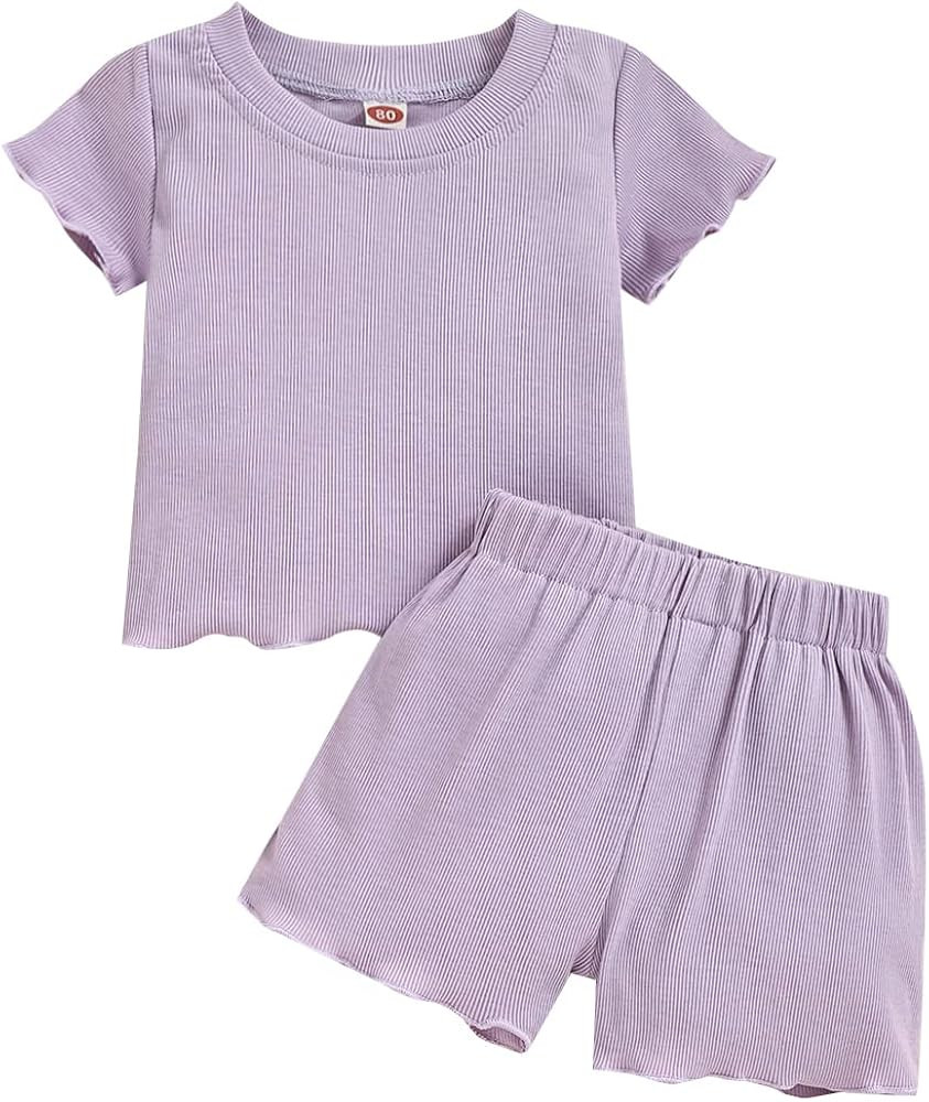 2Pcs Toddlers Baby Girls Summer Clothes Set Ruffle Ribbed Knit Short Sleeves T-Shirt Tops Shorts ... | Amazon (US)