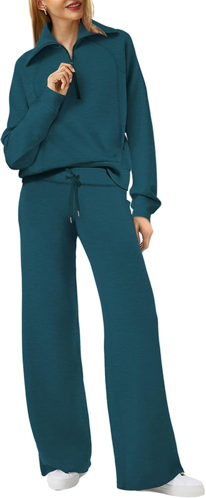 Amazon.com: XIEERDUO Womens Sets 2 Piece Outfits 2024 Winter Half Zip Sweatshirt Wide Leg Sweatpa... | Amazon (US)