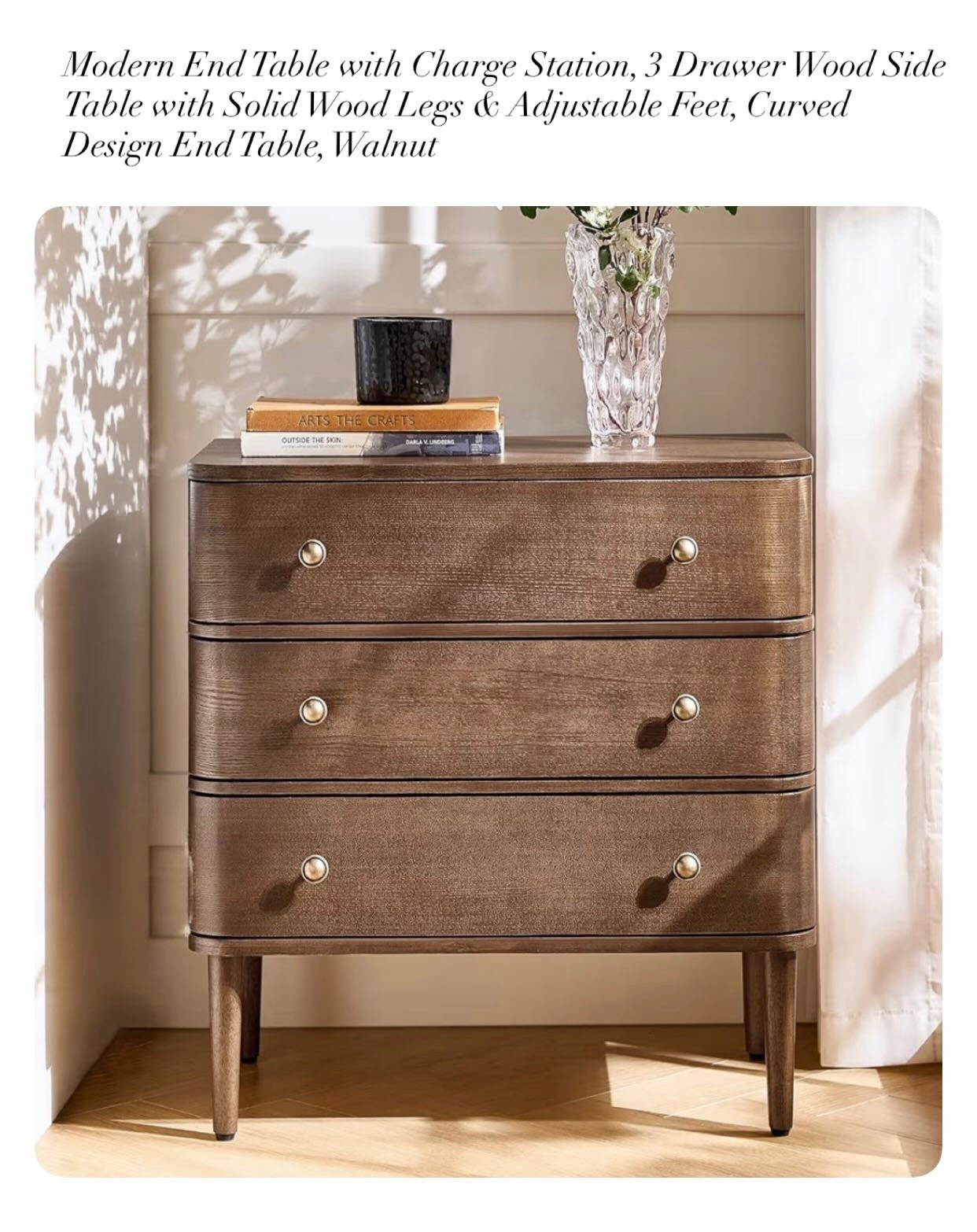 Modern End Table with Charge Station, 3 Drawer Wood Side Table with Solid Wood Legs & Adjustable Feet, Curved Design End Table, Walnut


#LTKHome #LTKOver40 #LTKSaleAlert