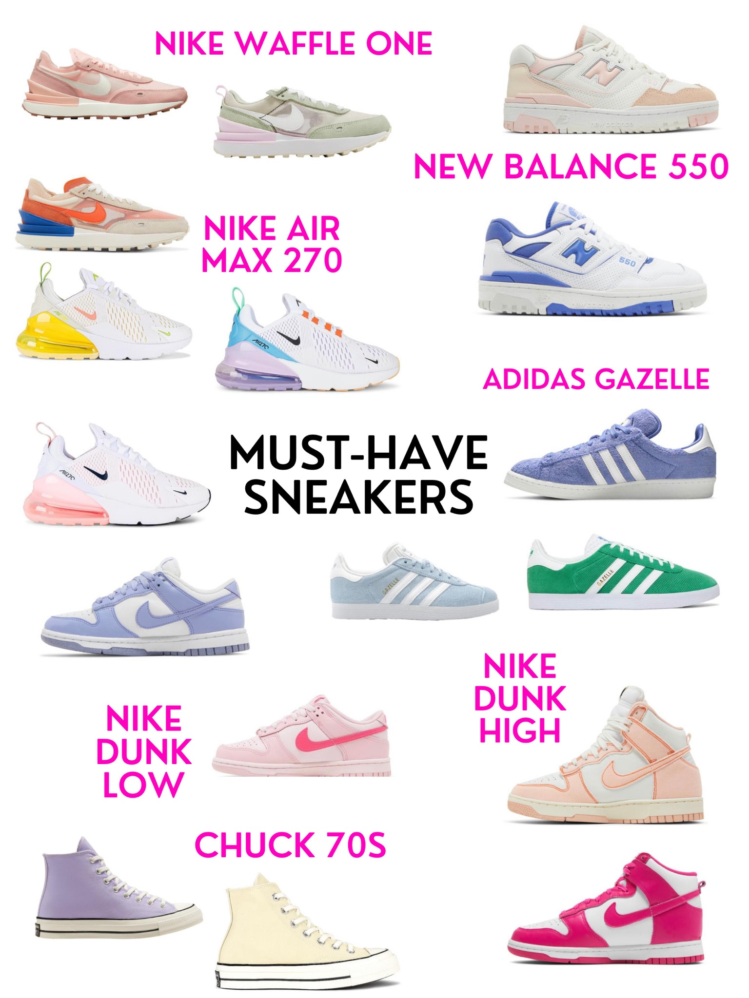 Must-Have sneakers!!! this past year I’ve been super obsessed with sneakers and here are some of my favorites 💕 #adidasgazelle #nikedunks #newbalance550 #nikeairmax #kicks #sneakerhead #chuck70s 

#LTKGiftGuide #LTKSeasonal #LTKFind