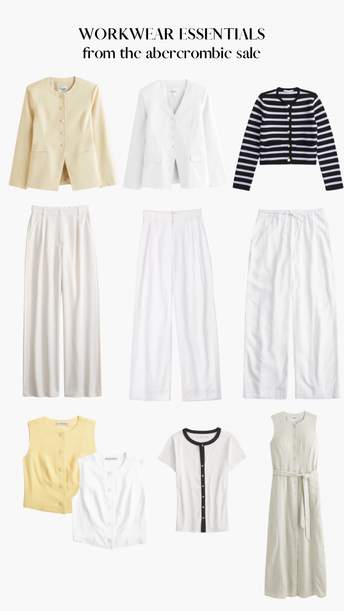 The Abercrombie Memorial Day sale is the perfect time to pick up some workwear wardrobe essentials! These are versatile capsule pieces that work year round; the yellow is perfect and on trend for spring / summer. I have and live in the Sloan pants, a cream version of the striped sweater, and the tan version of the contrast top and they’re so good. I am definitely eyeing the collarless suiting blazer and cropped linen top! The linen dress will be perfect to throw on during the hotter summer months

#LTKWorkwear #LTKSaleAlert #LTKFindsUnder100