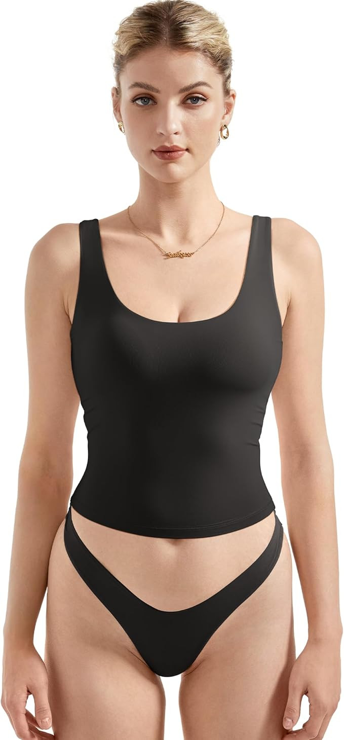 SUUKSESS Women Scoop Neck Tank Top Summer Sleeveless Going Out Double Lined Basic Tops | Amazon (US)