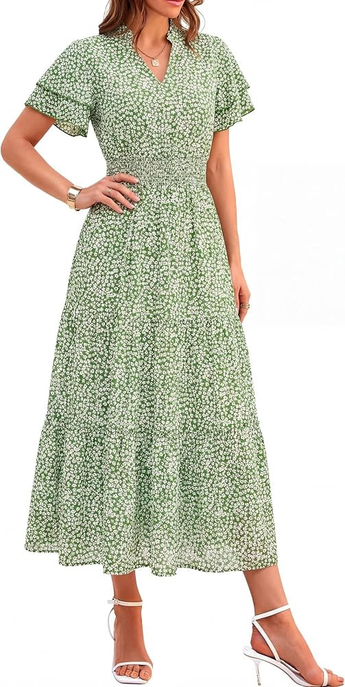 Maxi Dress Summer Dresses Beach Vacation Clothes Floral V Neck Ruffle Short Sleeve Flowy Boho Sun... | Amazon (US)