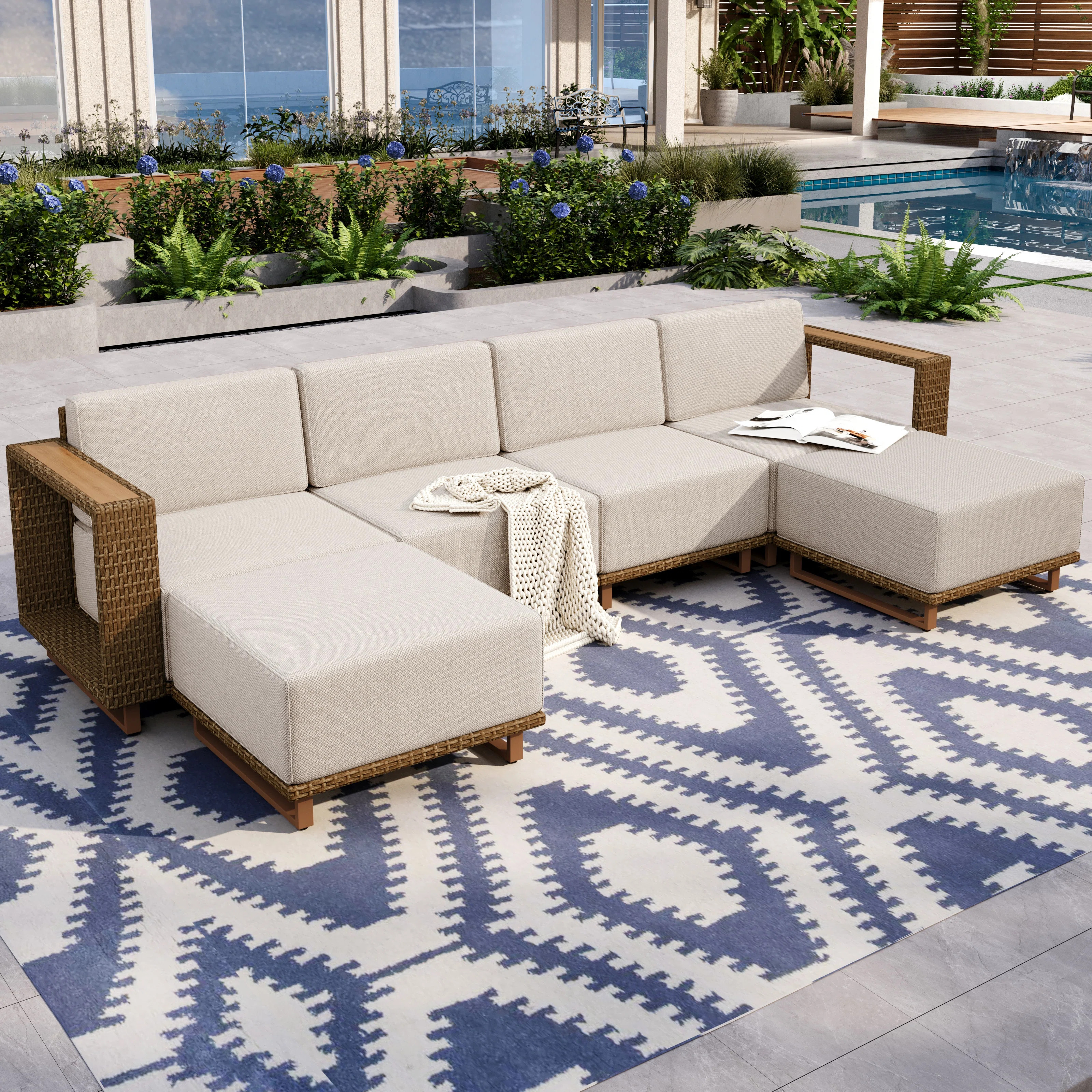 Wicker Patio Furniture Set U-Shaped With Two Ottomans Modular Outdoor Sectional Sofa, Thick Cushi... | Wayfair North America