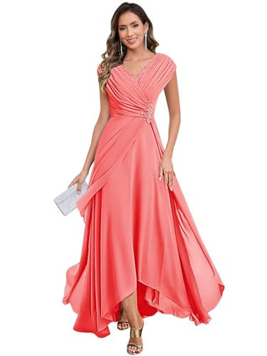 KBWOV Coral Mother of The Bride Dresses for Women Lace Applique A Line Chiffon Ankle Length Formal Evening Gown Size 6 | Amazon (US)