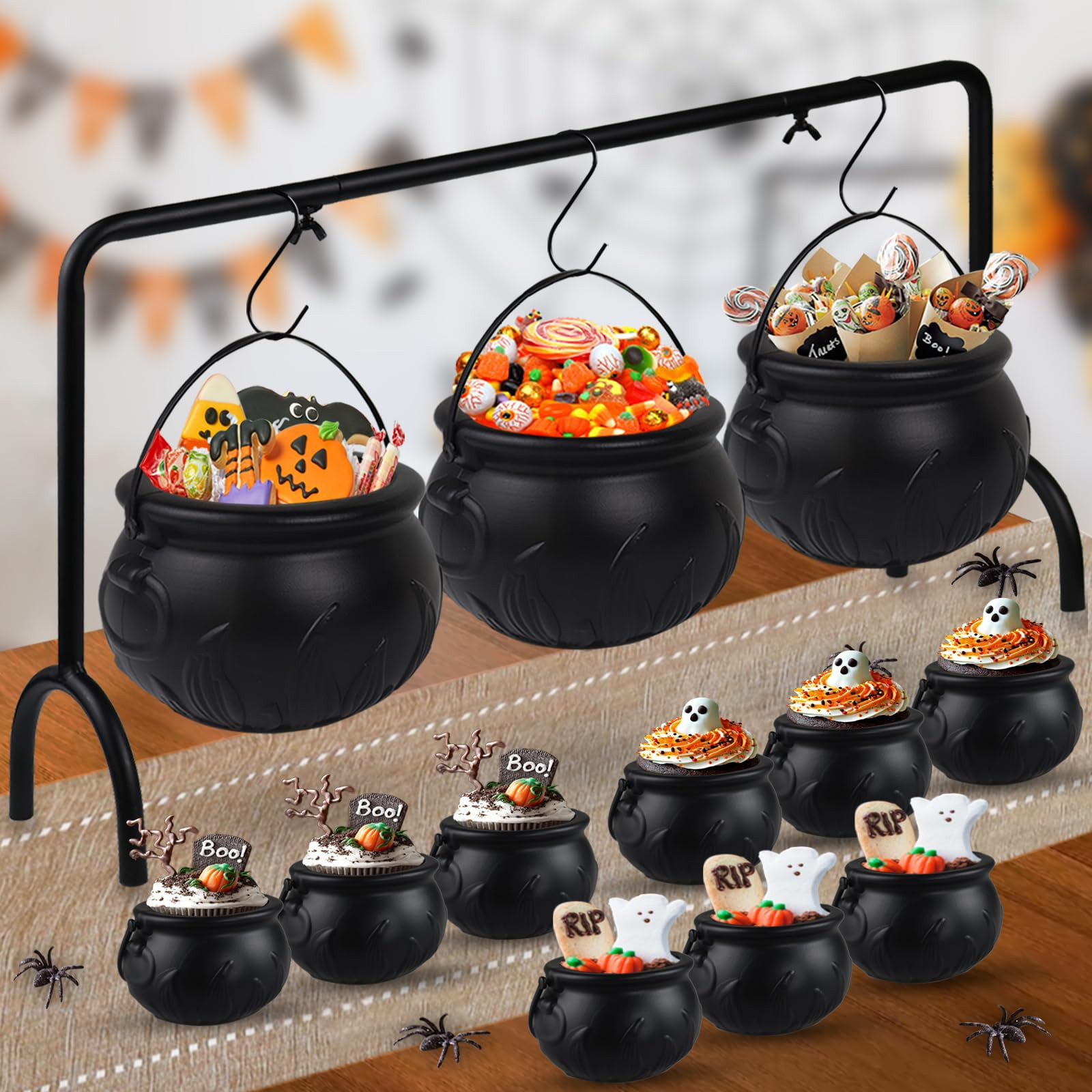 Halloween Cauldrons Serving Bowl Decor, Set of 12 Hanging Black Plastic Cauldron Bowls with Iron ... | Amazon (US)