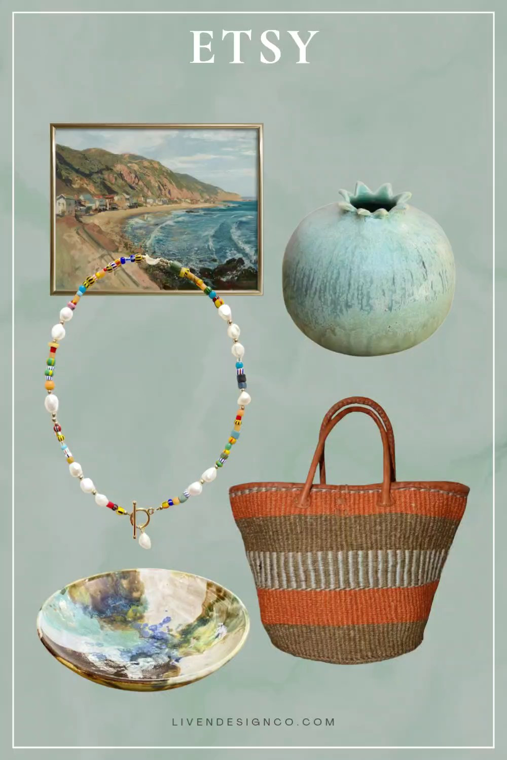 Etsy finds of the week. Pottery. Woven bag. Tote. Bead necklace. Seascape art print. Ocean painting. 

#LTKSeasonal #LTKHome #LTKSaleAlert