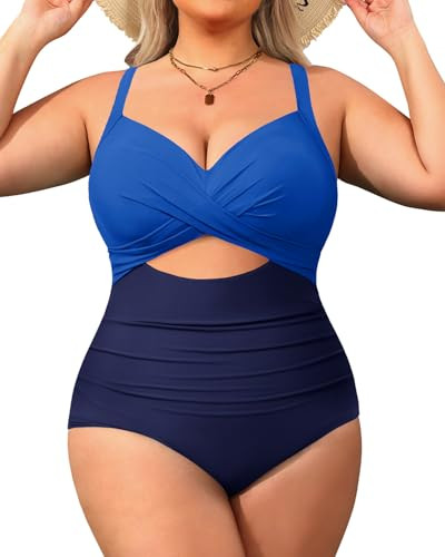 Yonique Plus Size One Piece Swimsuit for Women Tummy Control Bathing Suit Cutout Swimwear Navy Bule 16W | Amazon (US)