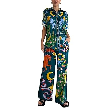 Peaceglad Women's Summer Print Two Piece Pajama Set Short Sleeve Button Down Tops Drawstring Long... | Amazon (US)