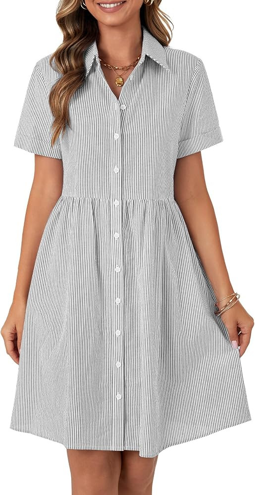Rooscier Women's Striped Shirt Dress Button Down Collared Short Sleeve Mini Dress | Amazon (US)